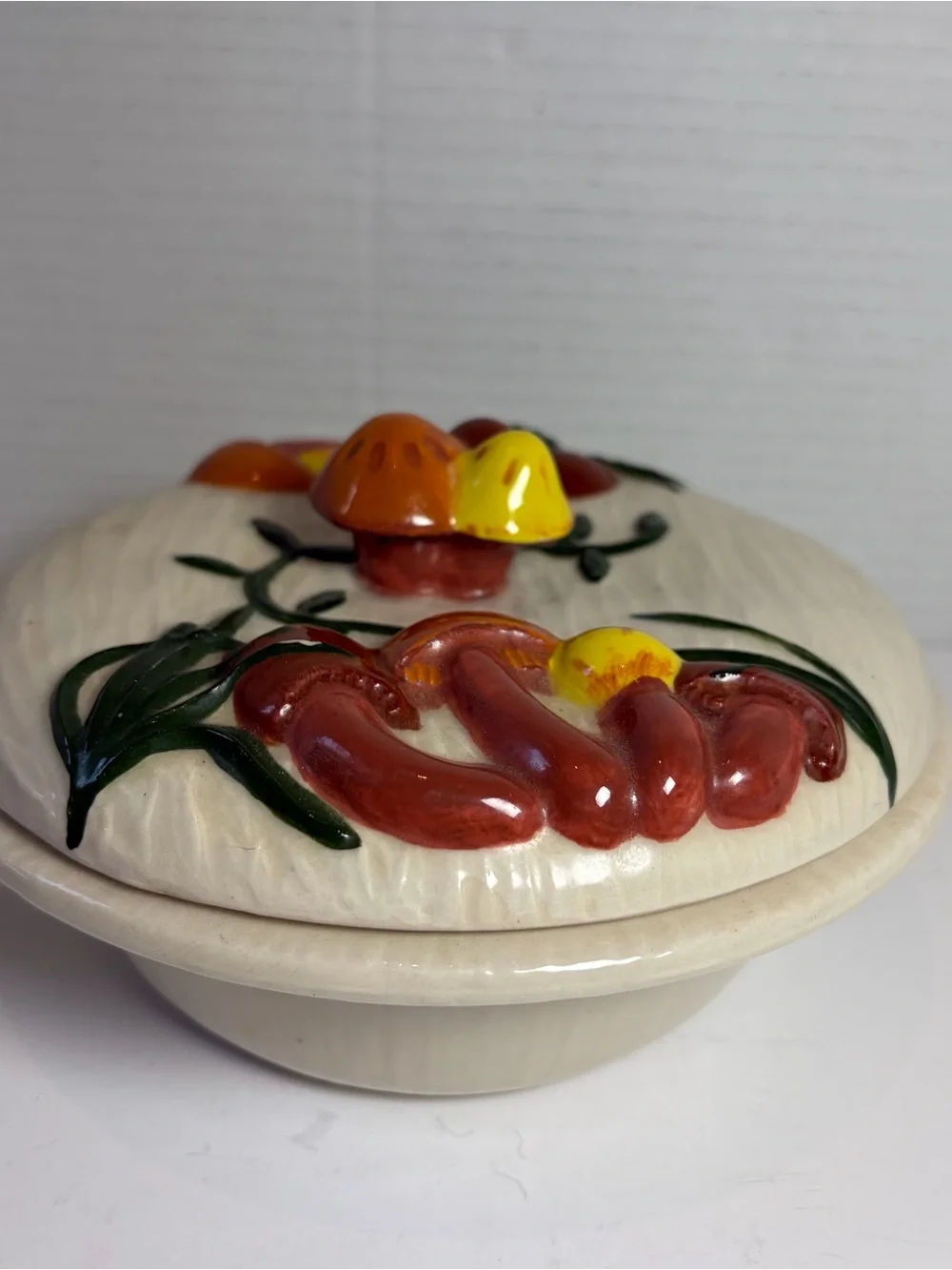 VTG 1970s Arnel's Mushroom Lidded Dish Hand Painted Yellow Green Rust